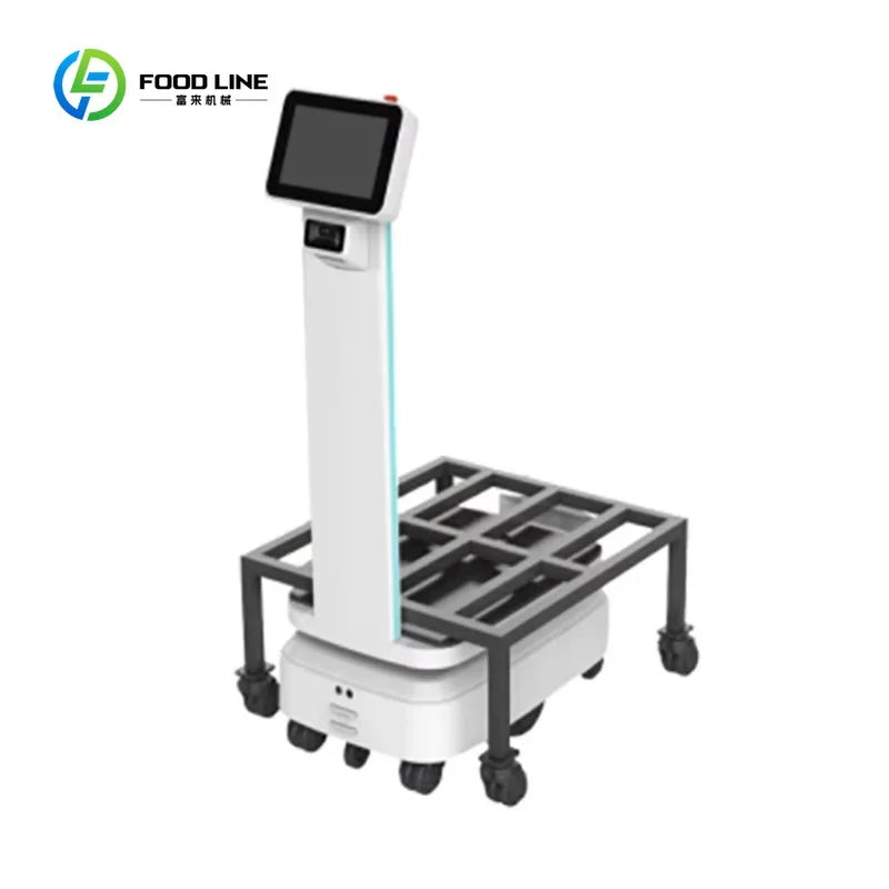 Robot de entrega con IA, torre blanca con pantalla negra y plataforma inferior con ruedas.