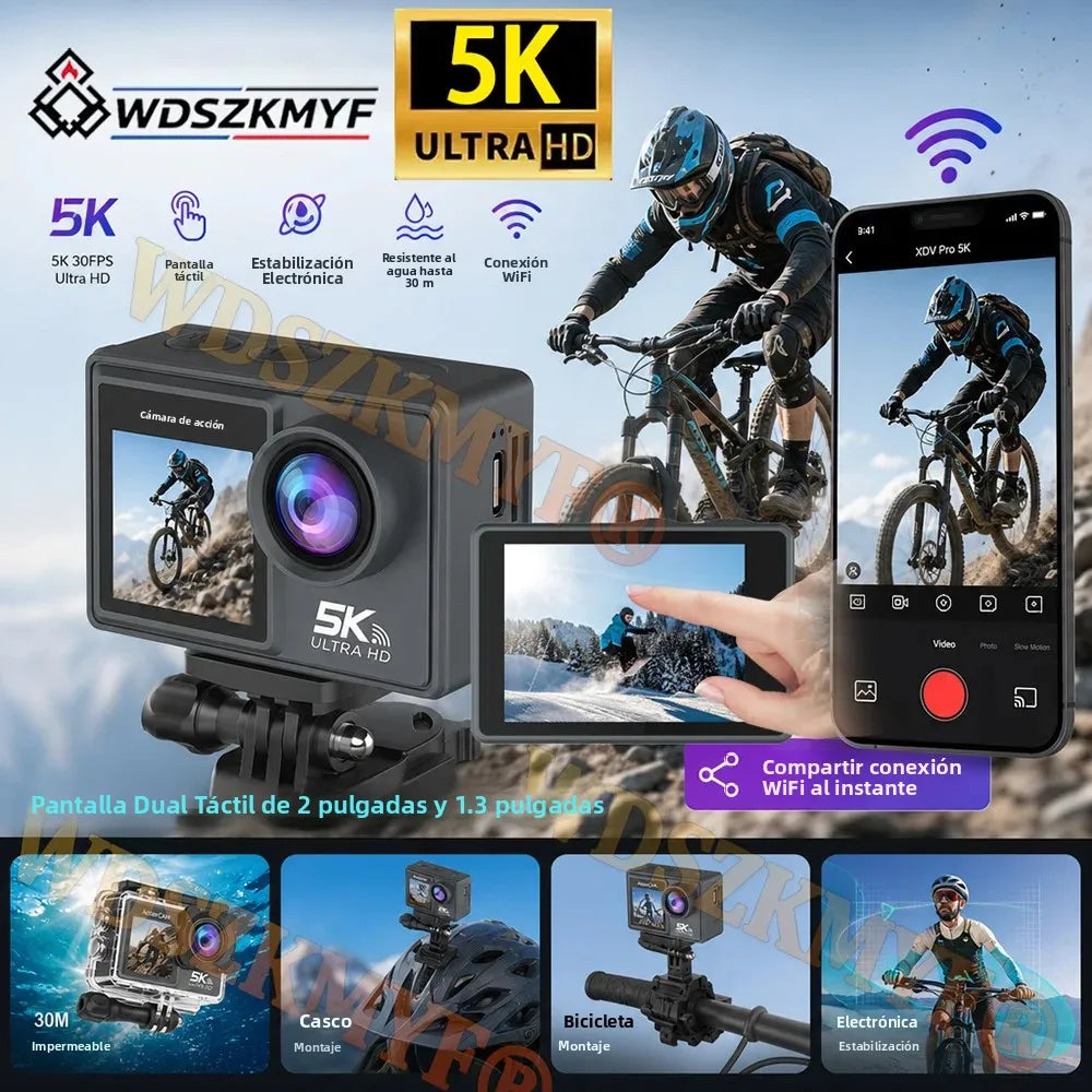 Cámara de Acción 5K 4K Resistente al Agua, Cámara de Buceo Subacuática 30M, Pantalla Dual Táctil de 2.0+1.3 Pulgadas, Kit Antivibración EIS para Casco de Motocicleta/Bicicleta