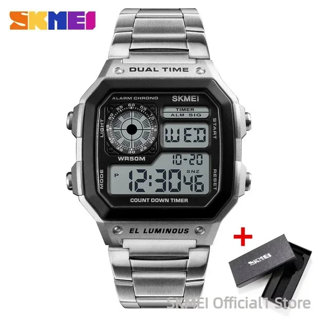 Reloj digital SKMEI 1335 para hombre, deportivo retro, resistente al agua, cronógrafo, reloj de pulsera electrónico, reloj de acero inoxidable para hombre