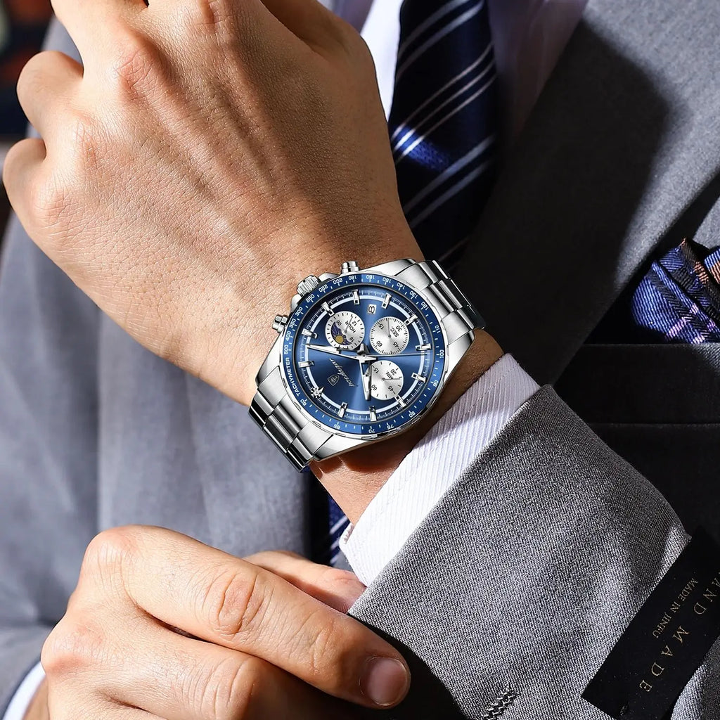 POEDAGAR Fashion Sports Man Wristwatch Waterproof Stainless Steel Luminous Men Watch Chronograph Date Quartz Men's Watches Reloj