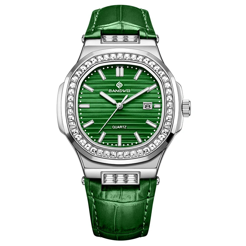 Reloj de cuarzo para mujer BANGWEI, nuevo diseño, elegante y de lujo, esfera sencilla con diamantes, retro, de cuero, con fecha, resistente al agua y luminoso.