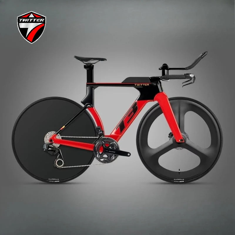 Bicicleta de carretera TWITTER T3 TT Racing de fibra de carbono, con cambio electrónico inalámbrico WheelTop TX-TT7110-2*12S y frenos de disco hidráulicos