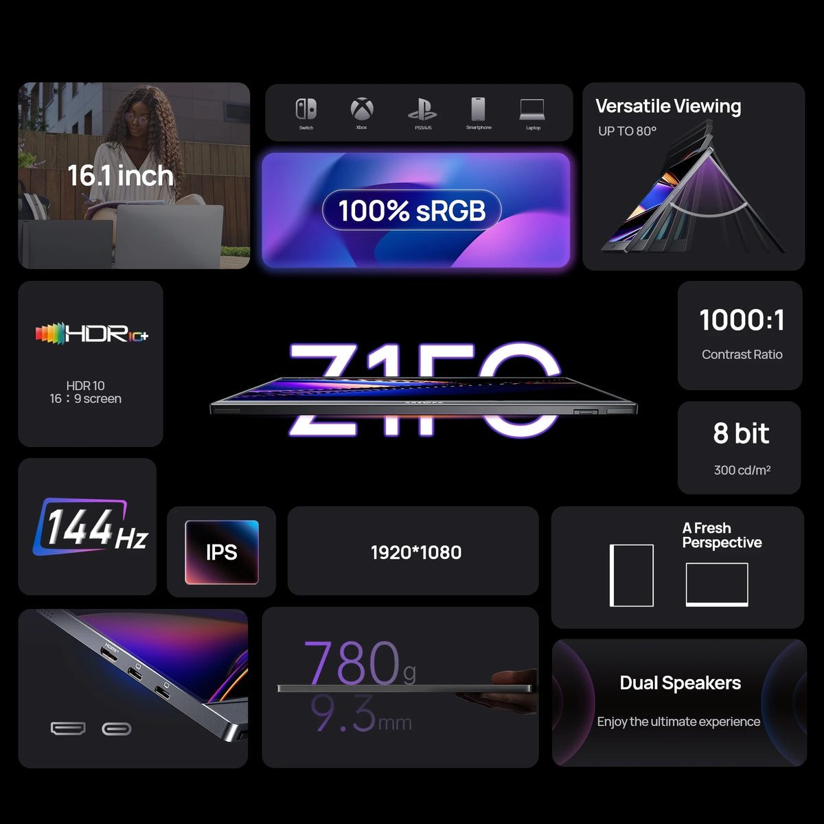 ARZOPA 16/16,1 pulgadas, 1/2,5 k, 60/144 HZ Monitor portátil IPS mini-hdmi segunda pantalla externa para Mac Laptop PC Switch Xbox PS4/5