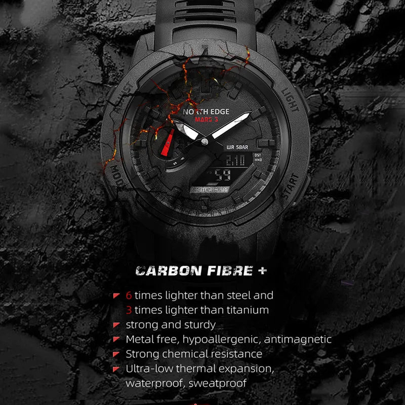 NORTH EDGE Carbon Fiber Case Men Watch MARS3 Stopwatch World Time Waterproof Quartz Wristwatch Electronic Watch for Men with BOX