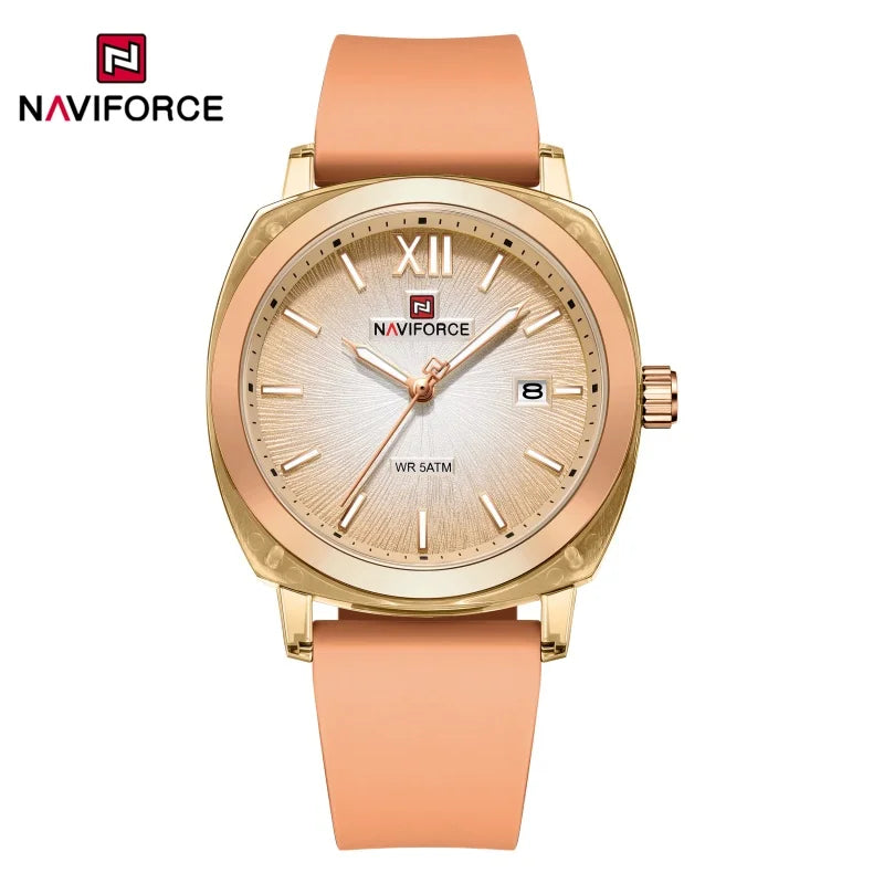Reloj de cuarzo sencillo para mujer NAVIFORCE, reloj de pulsera informal para dama, con calendario, manecillas luminosas, correa de silicona y resistente al agua 5ATM