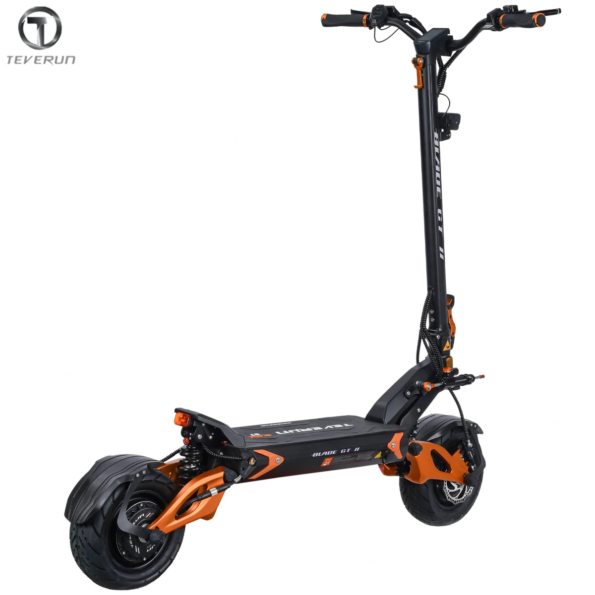 Patinete eléctrico plegable negro con manillar alto y detalles naranjas