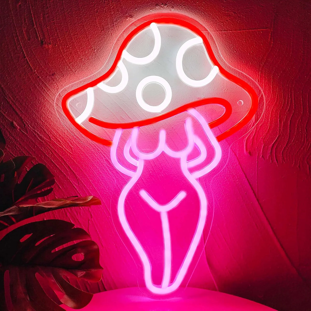 Letrero de neón LED rosa con silueta femenina arrodillada y manos en la cabeza