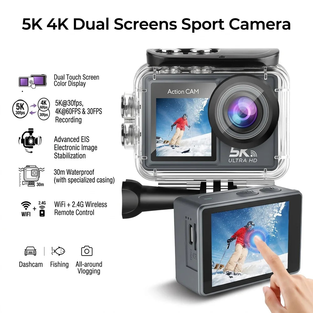 Cámara de acción 5K 4K Ultra HD con doble pantalla, estabilización electrónica de imagen (EIS) y función antivibración, ideal para deportes, 170. °   Cámara de gran angular con WiFi y control remoto, 50MP, para fotogr