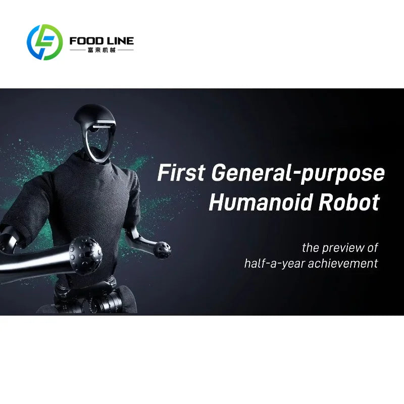 Robot humanoide negro con casco visor y brazos extendidos, apariencia industrial.