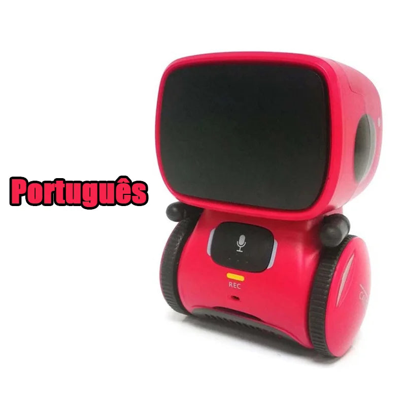 Robot educativo rojo con pantalla oscura y panel frontal con botón REC