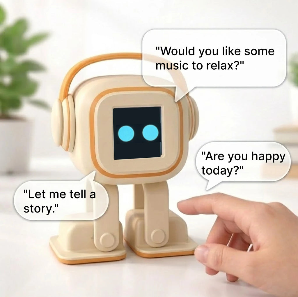 Robot de escritorio beige con auriculares, pantalla azul y mano señalando el panel frontal.