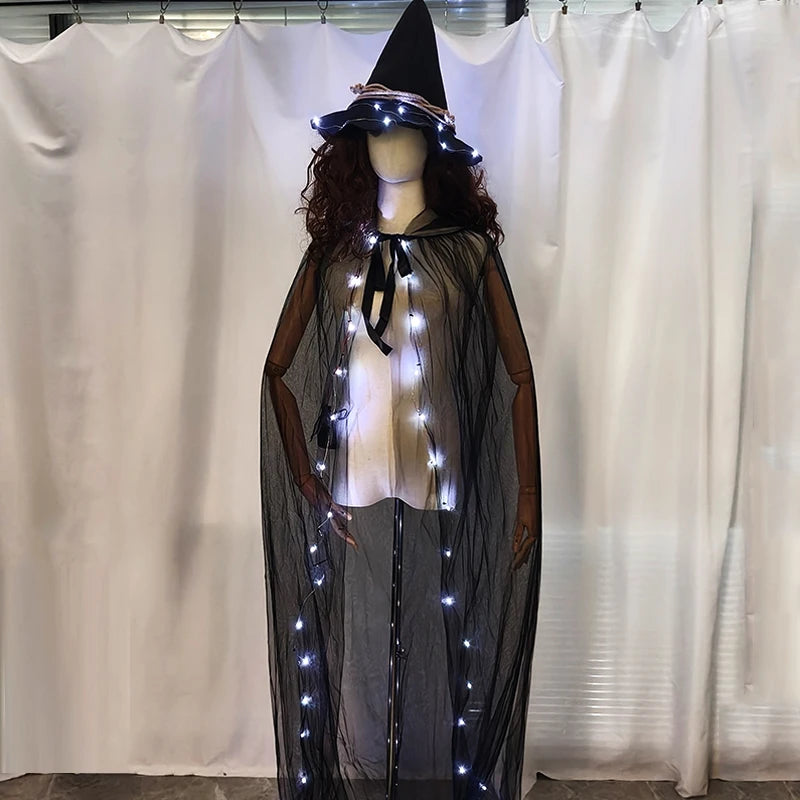 Capa de Tul con Capucha y Luces LED, Capa Larga Brillante, Disfraz de Bruja para Halloween, Cosplay, Carnaval, Fiesta Rave, Actuación en Escenario