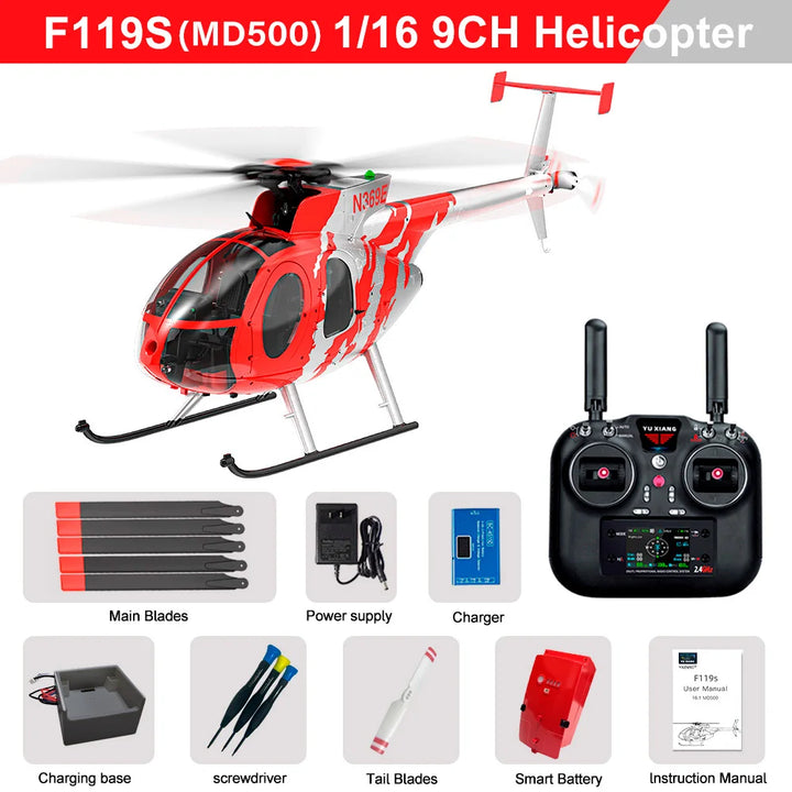 Helicóptero YUXIANG F119S(MD500) 9CH GPS 1/16 con Flujo Óptico + LiDAR TOF/Suspensión de Altitud, Doble Motor sin Escobillas, 350m, 18 Minutos de Vuelo, Avión RC