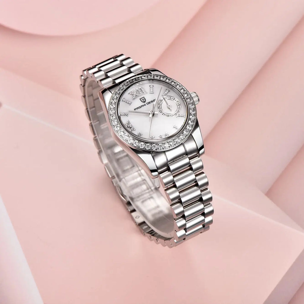2024 Reloj de cuarzo elegante para mujer PAGANI DESIGN, 32 mm, con diamantes, cristal de zafiro, acero inoxidable, pequeño y exquisito