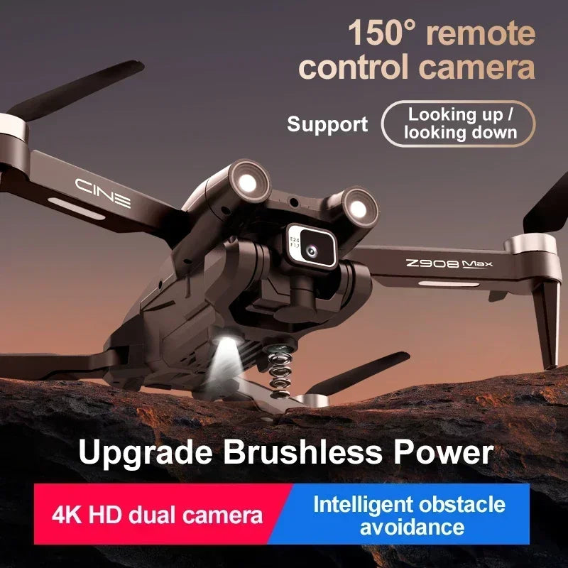Dron RC plegable negro con cámara y hélices desplegadas, vista lateral