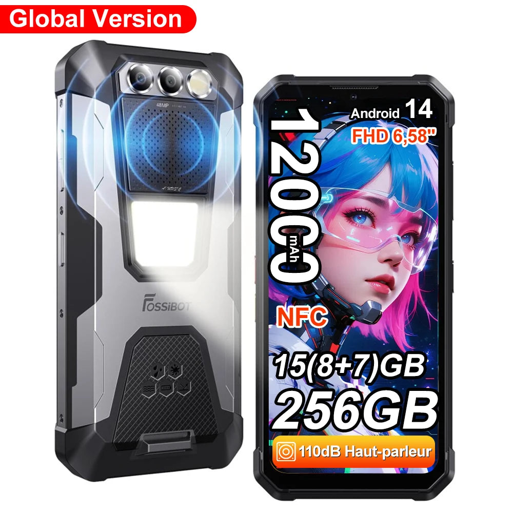 Smartphone ultrarresistente FOSSiBOT F106 Pro, 8 GB de RAM, 256 GB de ROM, 12000 mAh, pantalla de 6,58”, Android 14, altavoz potente, luz de camping, teléfono móvil