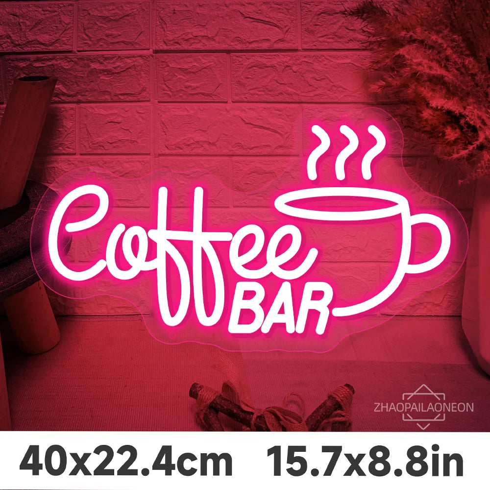 Letrero LED de neón «Coffee WBAR» con taza; rosa y blanco
