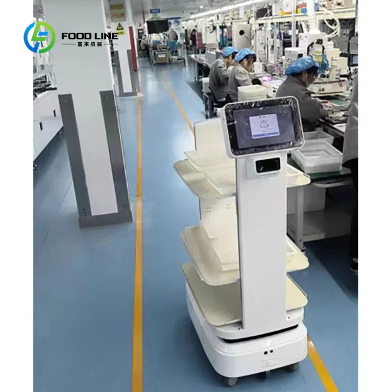 Robot de entrega con IA con torre blanca y compartimentos apilados para transporte.