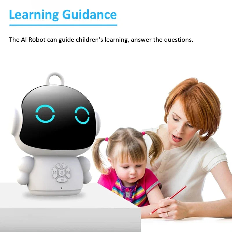 Robot educativo blanco y negro con luces azules; niño y niña escuchándolo