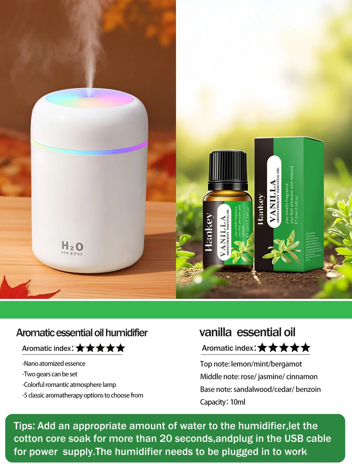 Difusor de aromaterapia de 300ml, humidificador, purificador de aire, uso doméstico en el coche, aceite esencial de aromaterapia con luz de siete colores