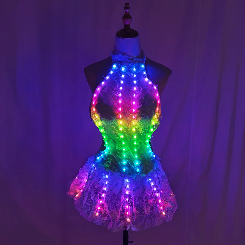 Falda LED blanca colorida para fiesta, Club, cumpleaños, trajes brillantes para club nocturno, cumpleaños, boda, banquete, fiesta de noche, cantante, baile