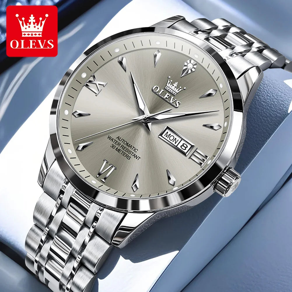 Reloj mecánico automático OLEVS 9956 para hombre, de acero inoxidable, resistente al agua, con fecha y día, versión de lujo original mejorada