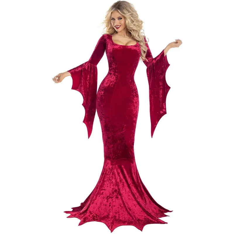 Witchy-Disfraz de Morticia Addams vestido de tren largo traje oscuro de Terror para Halloween bata gótica manga de murciélago Horror para adultos