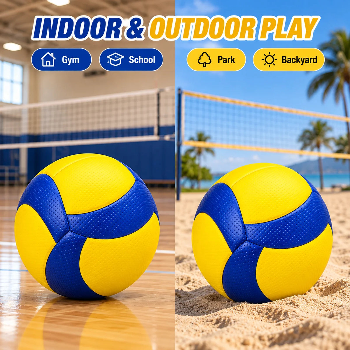 Balón de voleibol de tamaño 5, de poliuretano, para entrenamiento en interiores y exteriores, balón de voleibol de playa resistente al agua, ideal para el gimnasio escolar, color azul y amarillo.