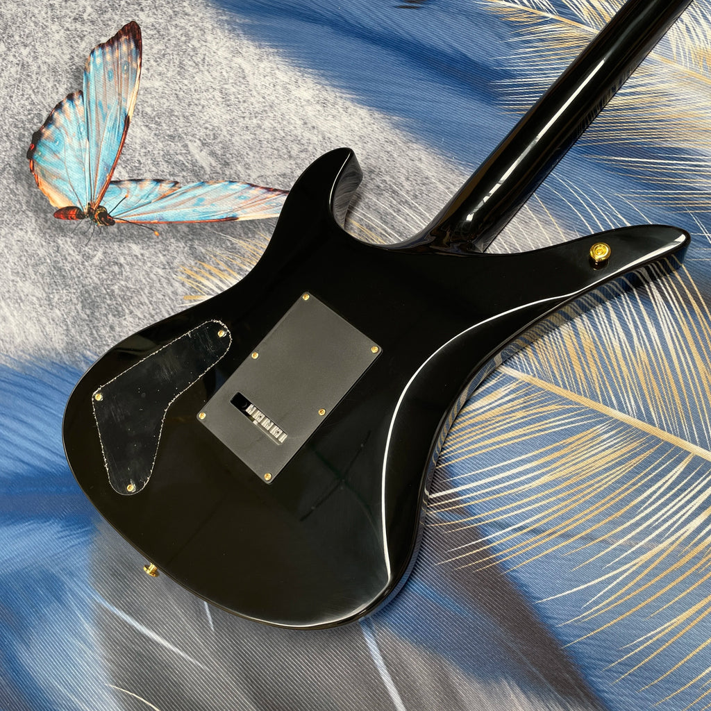 Guitarra eléctrica de 6 cuerdas con rayas negras y doradas, cuerpo de caoba con sonido rico, guitarra de heavy metal con doble bloqueo.