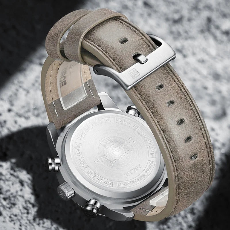 Reloj impermeable NAVIFORCE NF9263 con pantalla luminosa, correa de cuero auténtico, cronógrafo multifunción, temporizador de cuenta regresiva y alarma NF9263