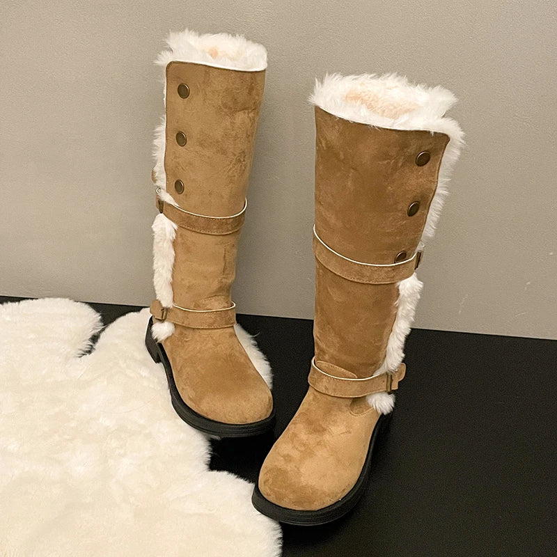 Botas de nieve de caña media, cálidas y con forro grueso, de punta redonda, suaves y antideslizantes, con plantilla de algodón.