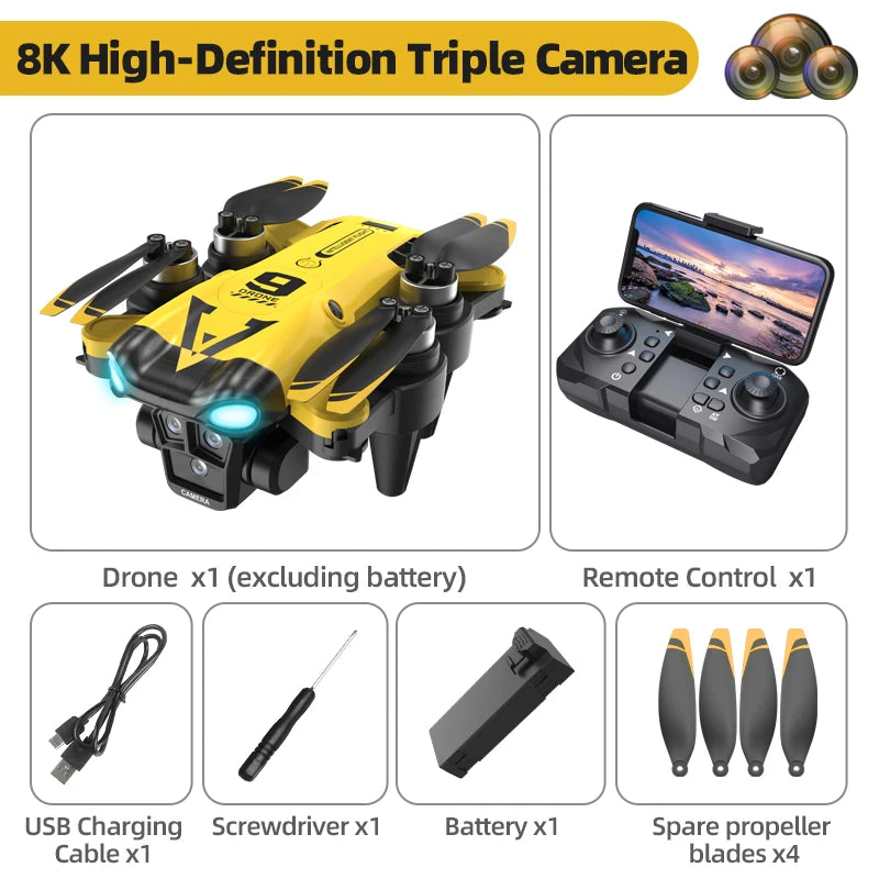 Set de drón FPV cuatrirrotor con cámara triple y control remoto, piezas incluidas