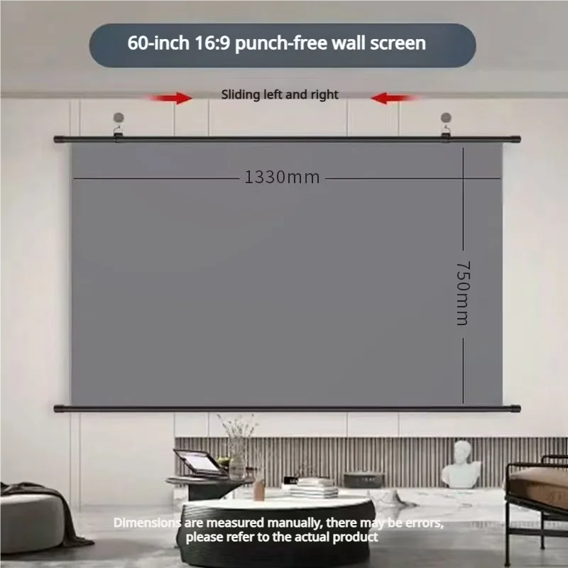 Pantalla de proyector gris 16:9 sin perforaciones, montaje en pared, 60 pulgadas