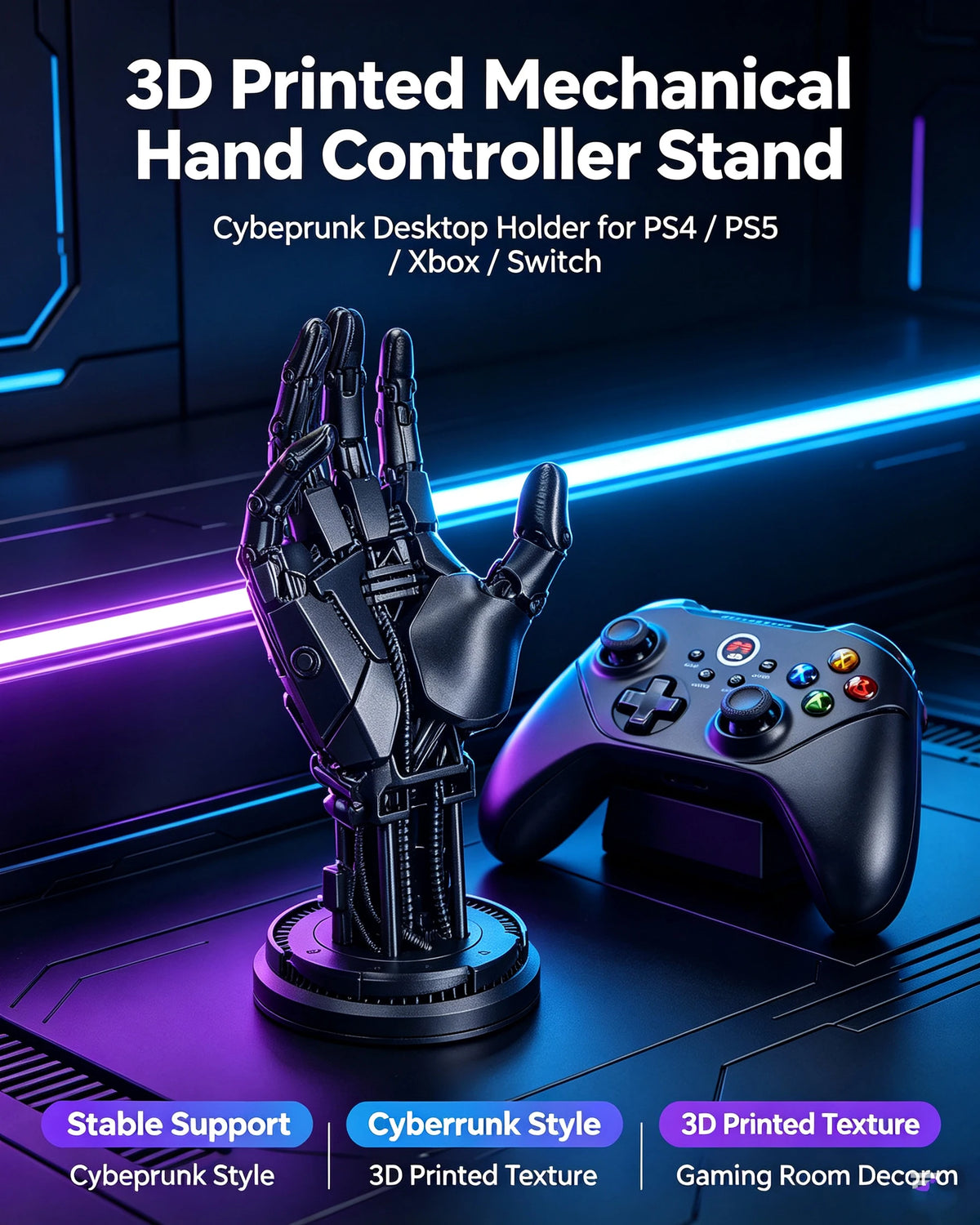 Soporte para mando de videojuegos con forma de brazo robótico impreso en 3D, adorno de estilo cyberpunk para escritorio, compatible con PS4, Xbox y Switch.