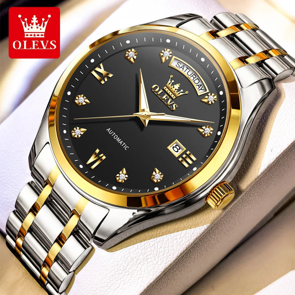 Reloj original de la marca OLEVS 6752 para hombre, reloj mecánico sencillo de lujo con correa de acero y caja de regalo.