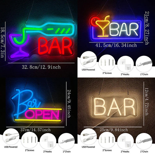 Letrero neón BAR y BAR OPEN, alimentado por USB, con ganchos y cadenas