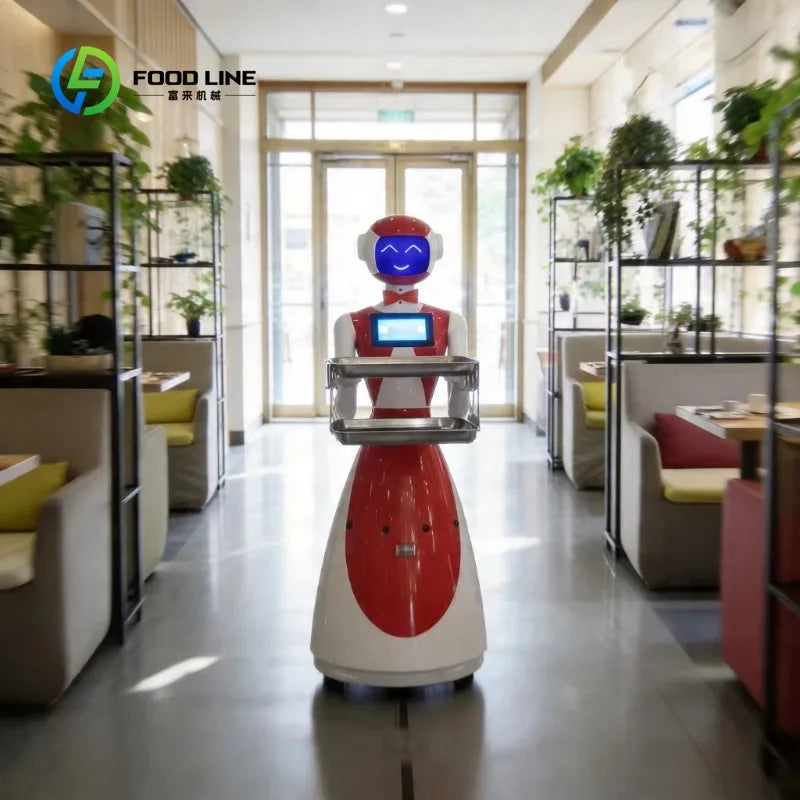 Robot camarero de reparto con bandeja metálica, cuerpo rojo y blanco, pantalla azul