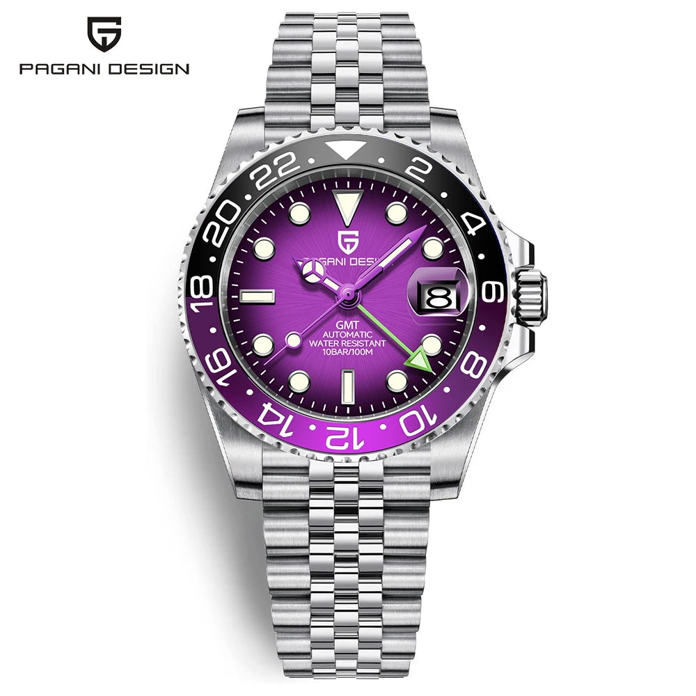 2026 PAGANI DESIGN 40MM Purple Dial GMT Men Mechanical Watch Jubilee Bracelet Sapphire Glass Waterproof Automatic Watch for Men
