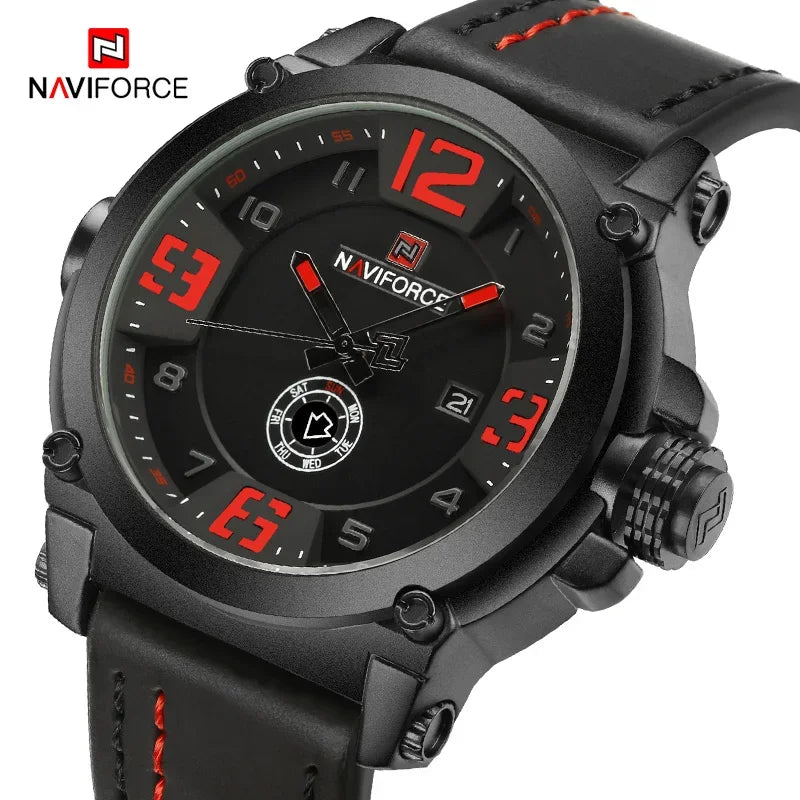 Relojes deportivos militares NAVIFORCE para hombre, originales, resistentes al agua, con visualización de día y fecha, correa de cuero, reloj masculino