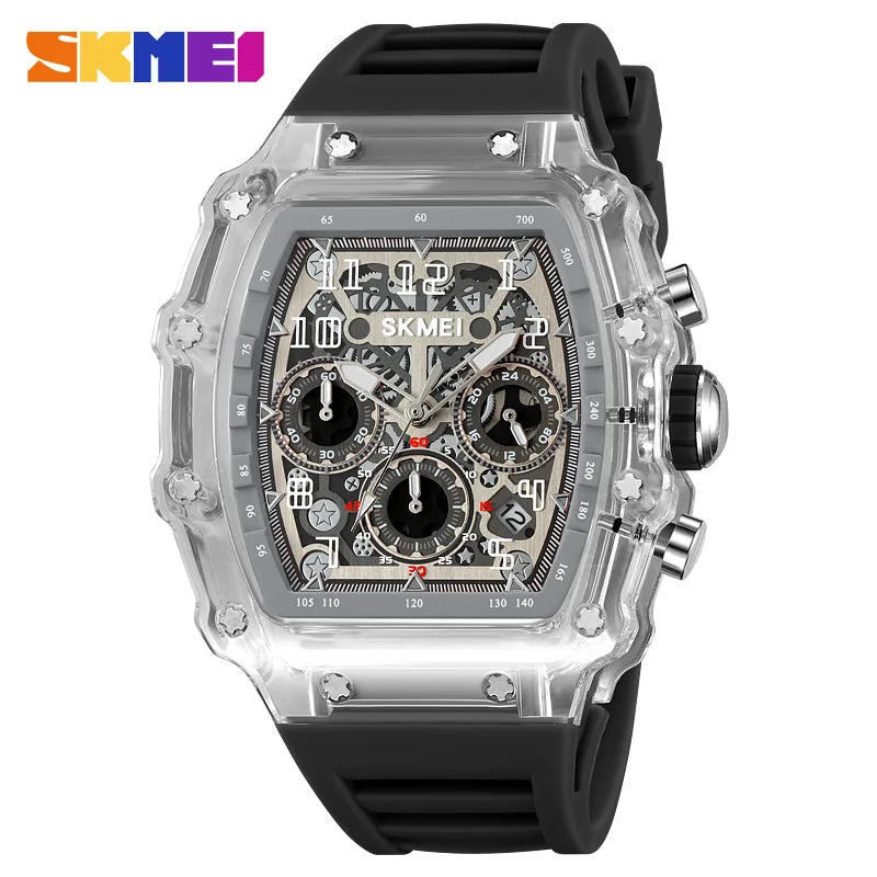 Reloj deportivo de cuarzo de moda SKMEI 2305 para hombre, cronógrafo impermeable, calendario, caja transparente, reloj de negocios para hombre