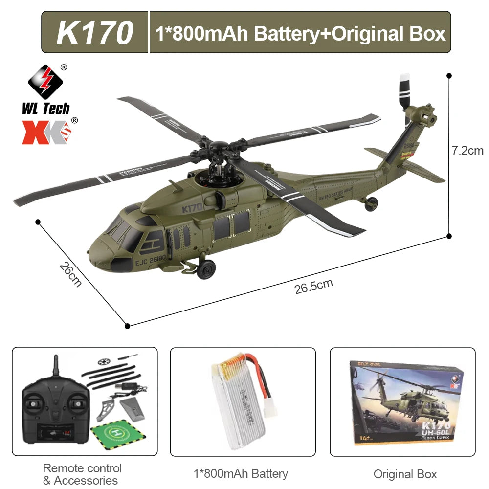 Helicóptero RC WLtoys K170 con Giroscopio UH-60L, Control Remoto de 4 Canales, Helicópteros sin Escobillas con Luz LED, Juguete de Avión para Niños