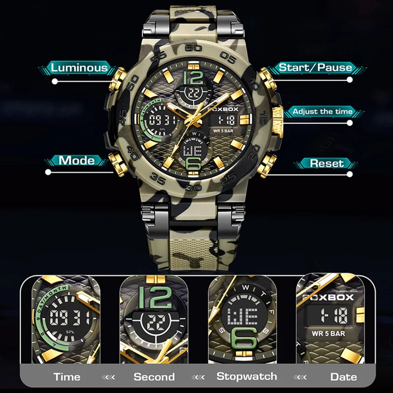 FOXBOX Outdoor Military Watch Men Fashion Camouflage Silicone Digital Watch For Men Sport Waterproof Men's Quartz Wristwatches