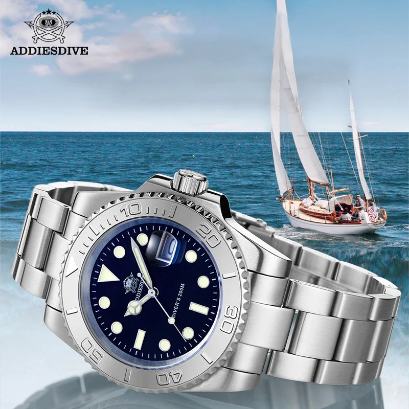 Reloj de cuarzo para hombre ADDIESDIVE, resistente al agua 200 m, bisel de cerámica, reloj de acero, cristal con lupa, luminiscencia azul BGW9, reloj de buceo