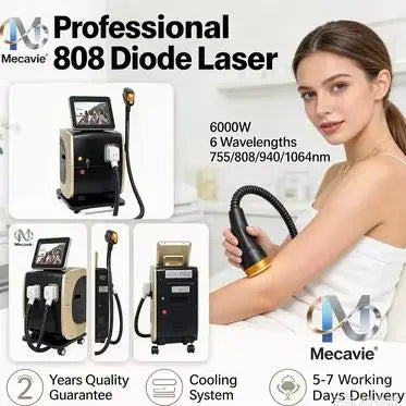 Láser de diodo de 808 nm, máquina de depilación láser de diodo con 6 longitudes de onda, sistema de enfriamiento por hielo, depilación indolora y permanente para salones de belleza.