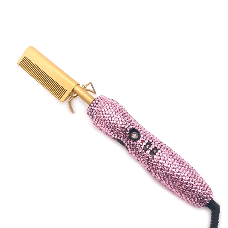Peine Eléctrico Caliente para Pelucas Lace Front, Peine Alisador con Diamantes Anti-Quemaduras y 5 Temperaturas Ajustables
