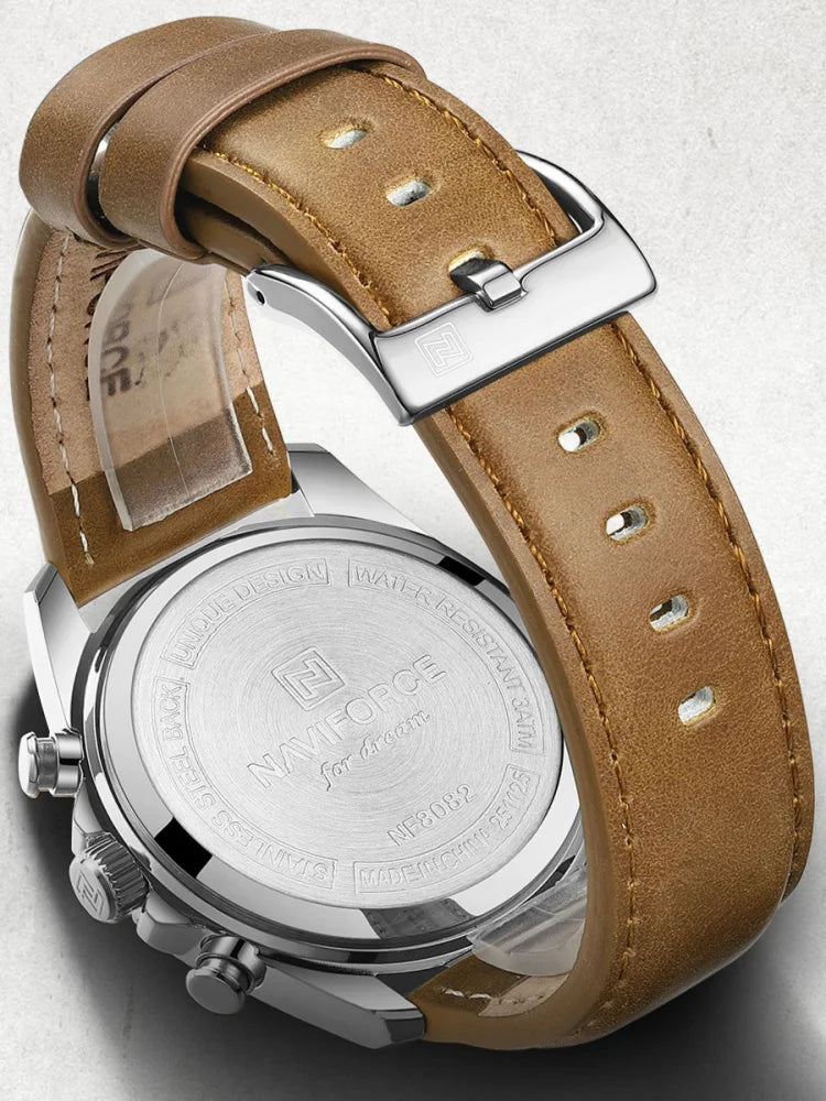 Reloj de cuarzo para hombre NAVIFORCE de marca líder, cronógrafo, indicador de fecha, resistente al agua, luminoso, correa de cuero auténtico, estilo casual de negocios, regalo para hombre