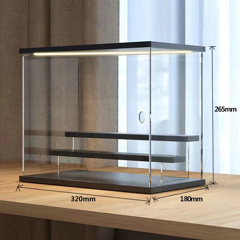 Vitrina de acrílico transparente para figuras con luces LED, caja de almacenamiento a prueba de polvo con escalones, expositor para juguetes y modelos de coches
