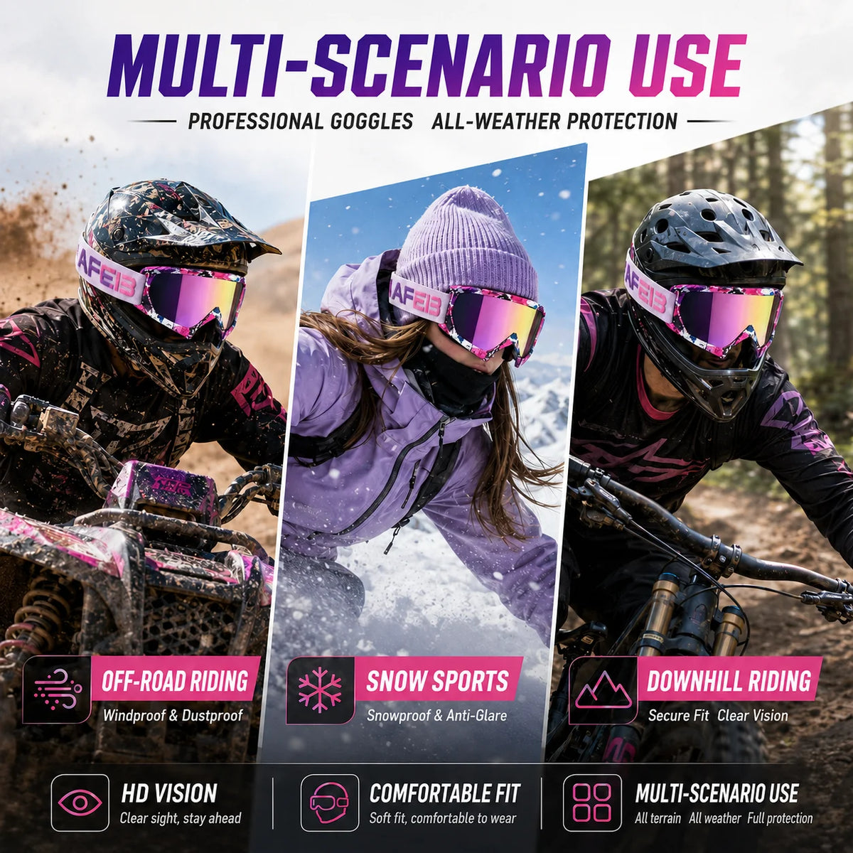Gafas de Esquí, Aptas para Esquí y Snowboard, Gafas de Motociclismo para Todas las Estaciones, Equipadas con Lentes Anti-UV HD UV400