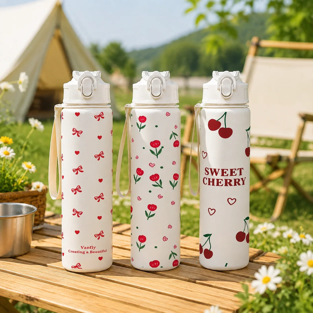 Vaso de 750 ml con diseño de fresa, cereza y lazo, base blanca pura, taza con pajita de alta calidad para deportes