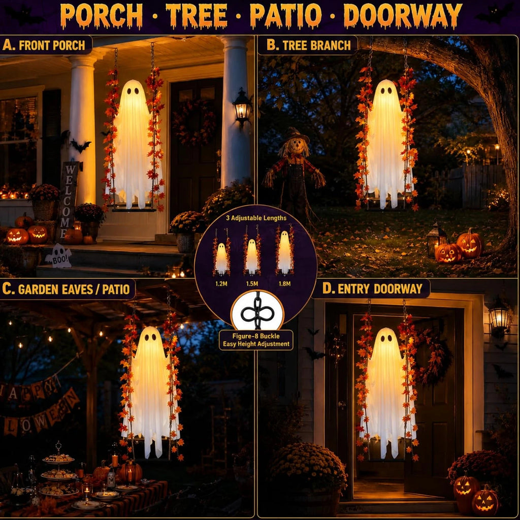 Fantasma columpio colgante luminoso de Halloween, fantasma volador ajustable en brillo, adorno para jardín, con control remoto LED